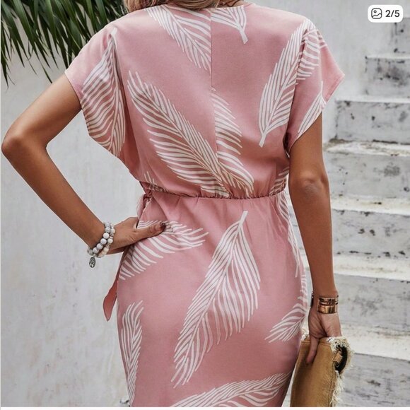 Pink Boho Women's Tropical Print Batwing Sleeve Knot Side Wrap Dress - Picture 2 of 5